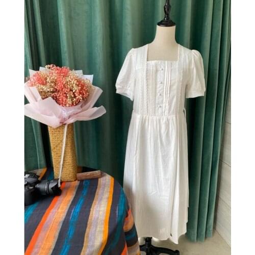 Boutique high quality lace patchwork lacing square collar puff sleeve feminie white lolita mori girl dress 2020 summer