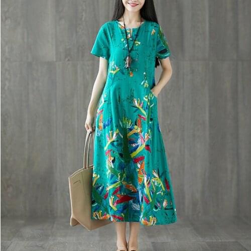 2021 New Arrival Cotton Linen Loose Summer Dress Print Floral Chinese Style Vintage Dress Women Holiday Travel Casual Long Dress