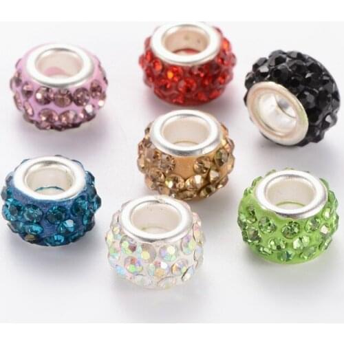 100pcs Polymer Clay Rhinestone European Beads, Large Hole Rondelle Beads