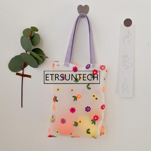 100pcs Women Embroidery Mesh Tote Bag Chic Flower Small Handbag Ladies Girl Beach Bags Groceries Storage Bag
