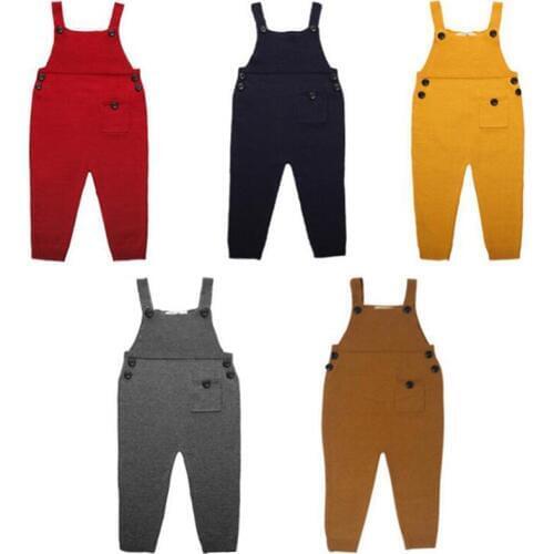 2019 Children Kids Overalls Harem Pants Boys Girls Pocket Knitted Overalls Jumpsuits Baby Clothing Size 1-5Yrs