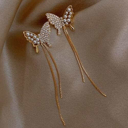 2021 New Fashion Pearl Hollow Butterfly Earrings Long Metal Tassel Shiny Crystal Sweet Joker Women Drop Earrings