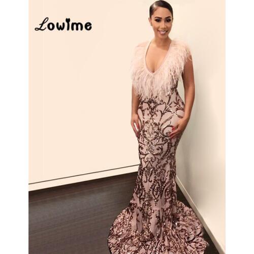 African Sequin Evening Dress Gowns Slim Mermaid Long Party Dress Feather Dubai Arabic Dress Prom Dresses 2019 Robe De Soiree