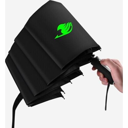 Anime Fairy Tail Automatic Umbrella Tri-Folding Cartoon Windproof Foldable Sun Rain Pocket Black