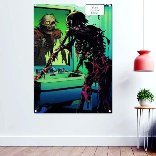Skeleton looking in the Mirror Devil Dark Metal Artworks Banner Canvas Printing Wall Hanging Macabre Art Rock Music Posters Flag