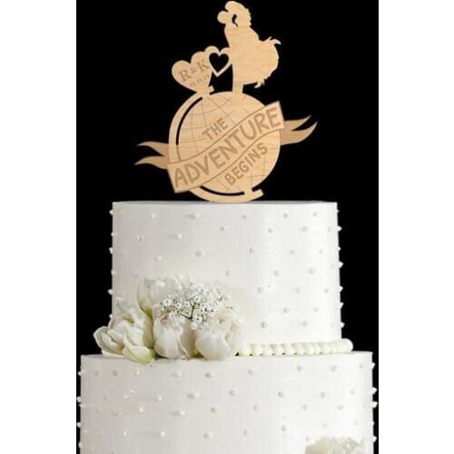 Travel cake topper,unique wedding cake topper,wooden cake topper,rustic cake topper The adventure begins,Adventure cake topper