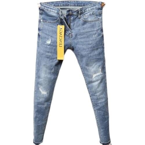 Mens denim Jeans Tide Brand Summer Thin Personality Letter Embroidery Hole Patches Slim teenager pencil Pants Long Pants