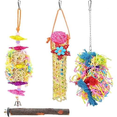 4PC Bird Parrot Toy, Gnawing Paper Shredder Hanging Toy Bird Wooden Station, Suitable for Small and Medium Pet Birds