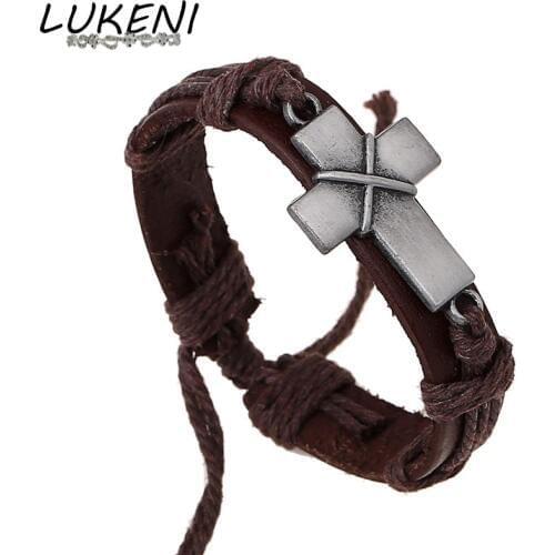 LUKENI Fashion Leather Bracelet Men Jewelry Metal Cross Charm Handmade Bracelet Paracord Chakra Bracelets & Bangles Women SL034