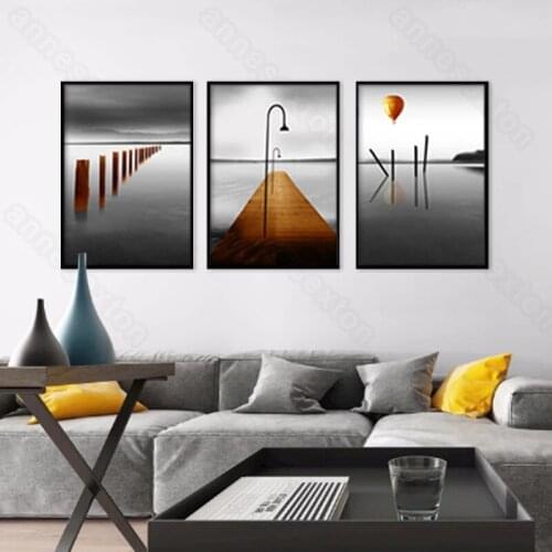 Nordic Style Natural Landscape Calm Lake Yellow Masts Balloons and Bridge Painting Posters for Home Rooms Gallery Wall Decoratio