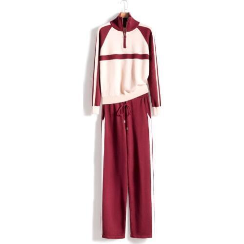 2020 Time-limited Full Drawstring Wool New Womens Cashmere 2 Piece Suit Fashion Knit Sweater And Trousers Two-piece Women