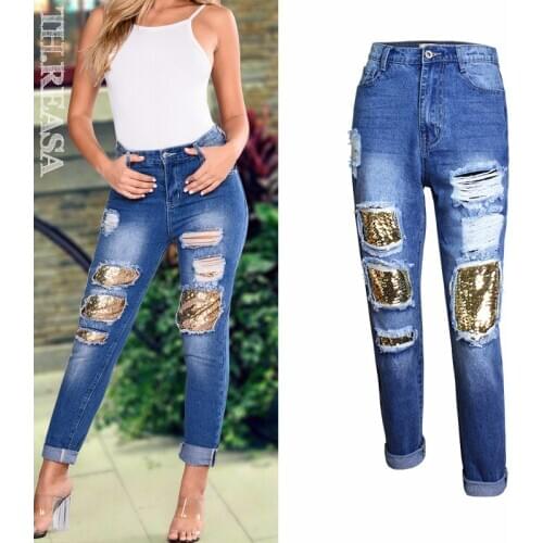 New Pants Womens Jeans Distressed Slim Denim Boyfriend Hole Jeans Womens Pants High waist Trousers Casual Pants