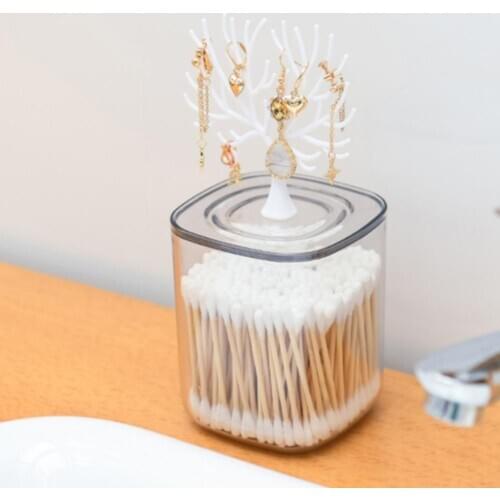 Transparent Organizer With Small Tree Rack Cotton Swab Storage Box Cotton Pad Storage Box Cosmetic Plastic Box Bathroom Bedroom