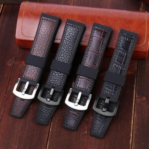 22mm Real Leather+Silicone Watchband for Seiko Skx for Omega Seamaster Plant Ocean Watch Strap Sport Bracelet Rose-gold Buckle