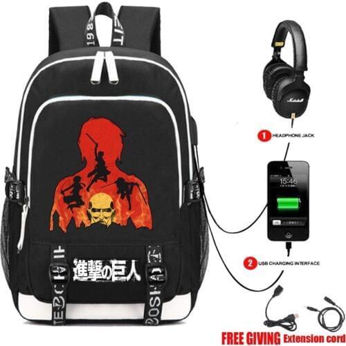 Attack on Titans backpack cosplay packsack student Schoolbag USB charging Headphone jack Teenagers men Shoulder Bag 12 style