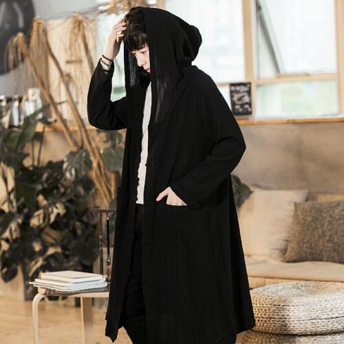 Men Chinese Style Long Casual Hooded Trench Coat Spring Summer Male Streetwear Hip Hop Punk Gothic Cardigan Jacket Overcoat