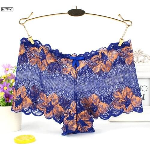 Plus Size M-4XL Transparent Underpants for Women Full Lace Mesh Boyshorts Flowers Pattern Boxer Female Underwear