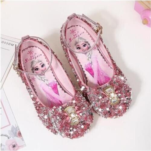 Disney girls high heels autumn new childrens princess casual shoes soft bottom anti-skid frozen crystal leather shoes
