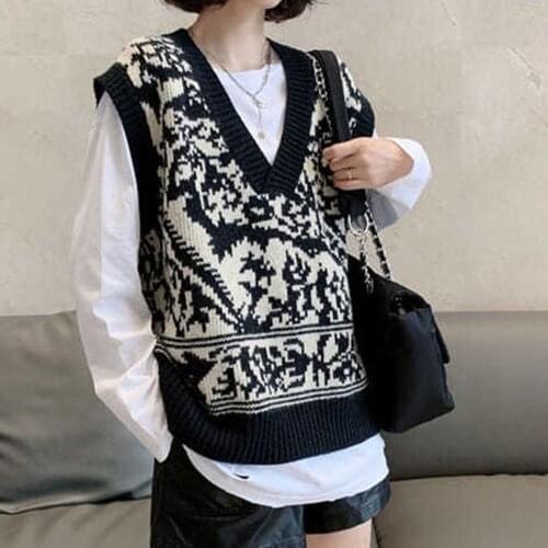 Knitted Sweater Vest Womens Knitted Printed Long Sleeve Sweaters Oversized Pullover V-neck Ladies Sleeveless Vest Top #G3