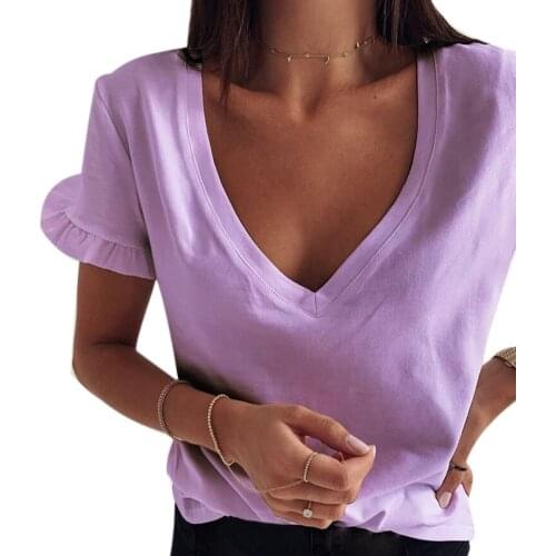 Women Casual Summer V Neck Ruffled Short Sleeve Bottoming Top T-shirt Blouse Solid color T-shirt easy to pair
