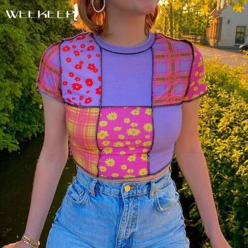 Weekeep Fashion Patchwork Print T-Shirt Women Ruffles Pullover Short Sleeve Crop Tops Summer Y2k Aesthetic Streetwear Casual Tee