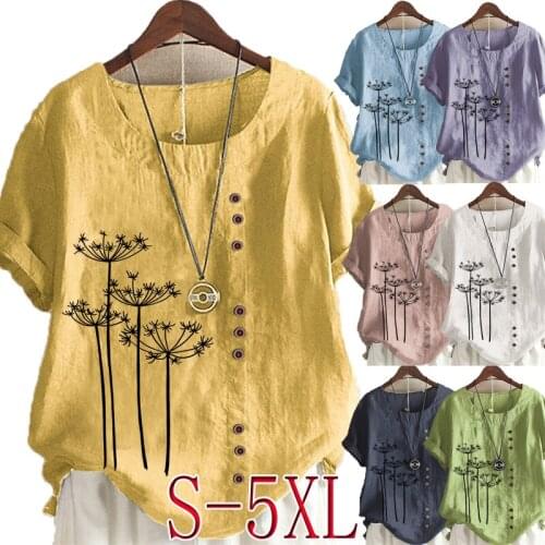 2021 Summer Womens Fashion Peach Printed Short Sleeve Round Neck Blouse Ladies Linen Button Tops Loose T-shirts S-5XL Plus Size