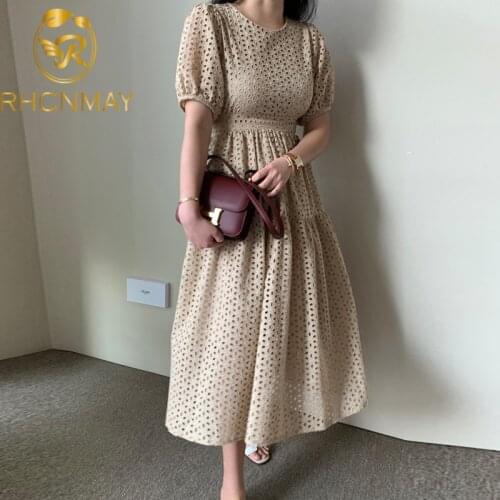 2021 Summer Korean Chic Elegant Temperament Lace Hollow Out Puff Sleeve High Waist Long Dress Mid-Calf Short Solid Female Dress
