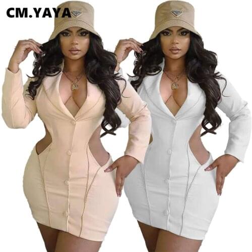 CM.YAYA Women Notched Neck Cut Out Waist Button Up Long Sleeve Bodycon Midi Dress Sexy Club Party Pencil Mini Dresses 2021 New