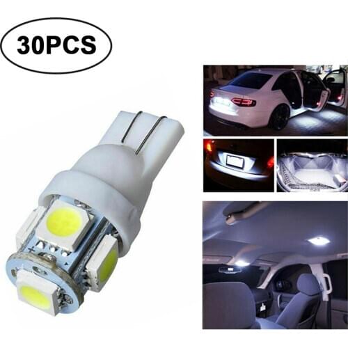 30pcs Car LED Bulb 5050 Wedge Light Bulb T10 White LED 5050 5-SMD LED Light Bulbs W5W 194 168 2825 158 192 12V Free Shipping