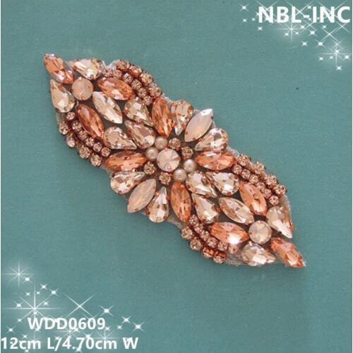30PCS) Wholesale hand beaded sewing rose gold crystal rhinestone applique for dresses DIY iron on WDD0609