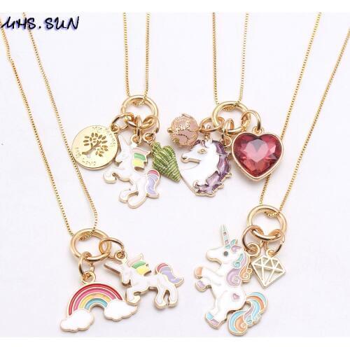 MHS.SUN Fashion Unicorn Kids Girls Long Chain Necklace Cute Rainbow Heart Conch Charming Pendants Necklace For Baby Children 1Pc