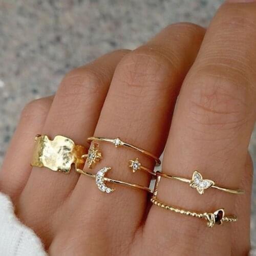 6 Pcs/Set Women Fashion butterfly Ring Leaves Star Moon Geometric Opening Crystal Ring Set Lady Jewelry