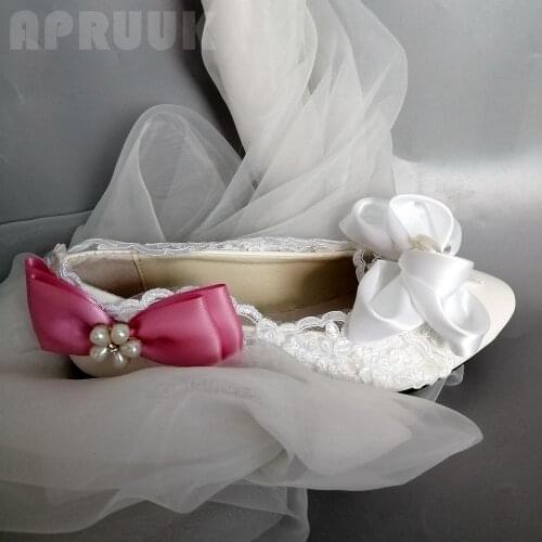 White pink bow butterfly-knot flats shoes woman handmade plus size 41 42 fashion sweet fairy ladies party proms dress lace shoe