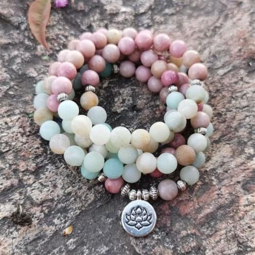 AMAZONITE - RHODONITE Healing Natural Amazonite Rhodonite 108 Bead Mala Bracelet Woman Jewelry Gift Yoga Sunstone KL39GI-50G