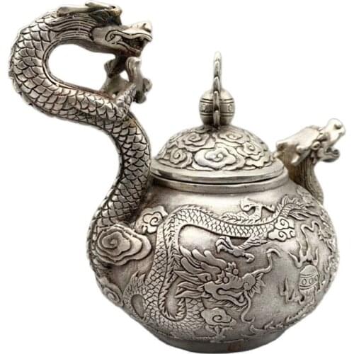 Chinese Old Tibet Silver Carving Dragon Handle Pot
