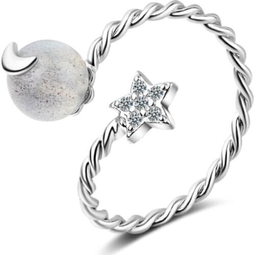 Net red fresh personality fashion wild girl wind two-color stars moon crystal opening silver plated rings SA055