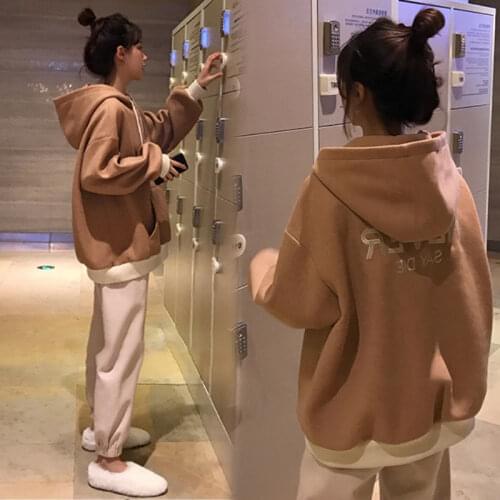 Two-piece Suit [shirt+wool Pants] Autumn and Winter Plus Velvet Thick Suit Net Red Loose Sweater Fashion Korean Suit Women