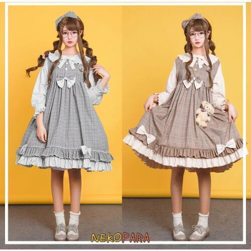 Miss Owl Cute Womens Lolita OP Dress Solid Plaid Dress Ruffled Collar Bows Trim One Piece Color Khaki&Grey Sweet
