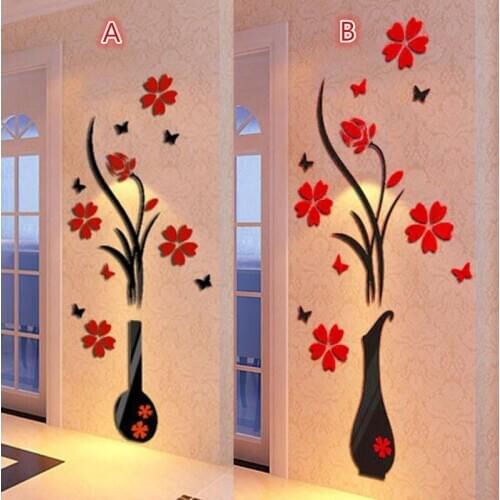 Fashion DIY Vase Flower Tree Crystal Arcylic 3D Wall Stickers Decal Home Decor