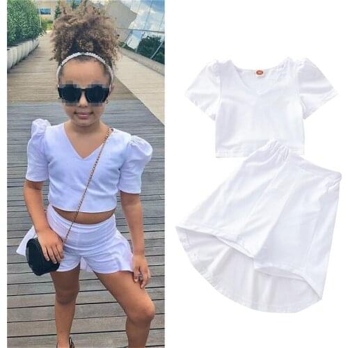 Fashion Girls Clothes Set New Kids Clothes Suit Children Clothes Solid Puff Sleeve Tops+Shorts Skirt Girls Clothing Sets