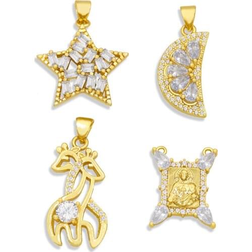 OCESRIO Brass CZ Stone Gold Charms for Jewelry Making Star Animal Virgin Mary Pendant Charms for Women 14K Gold Plated pdta300