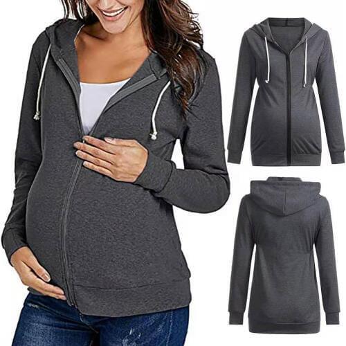 Hooded Long-sleeved Solid Color Zipper Sweater Coat Pregnant Womens Shirt Breastfeeding Clothes Spring Autumn Winter Casual
