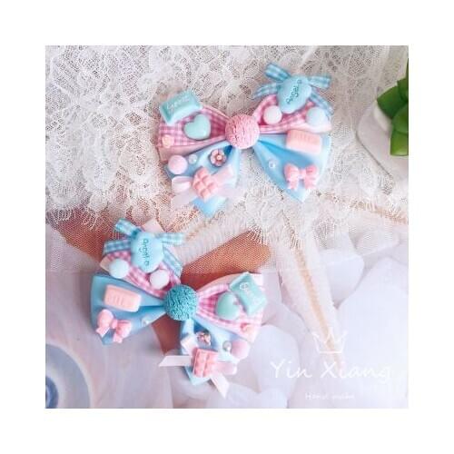 Original sweet lolita little lolita lolerita side clip pink blue bow hairpin black sweet sweet sweet