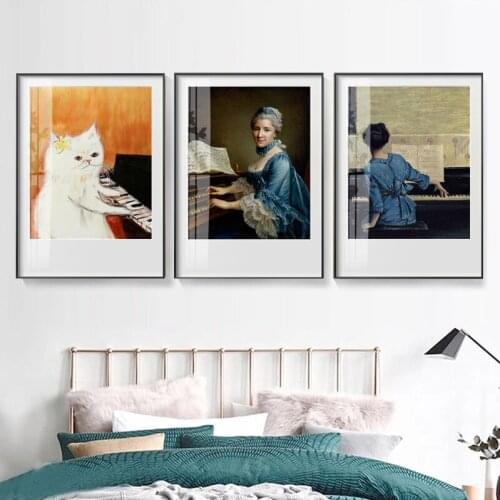 Retro Style Cartoon Cat Piano Girl Canvas Printing Figure Art Picture Printing Poster Home Living Room Wall Decoration Picture