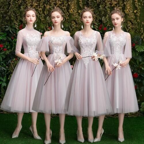 Bridesmaids Dress Illusion A-Line Strapless Spaghetti Straps Knee-Length Crystal Pearls Embroidery Women Wedding Party Gown E310