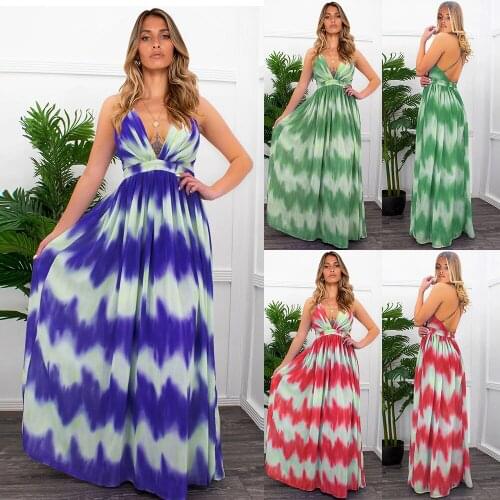 Striped print dress summer new European and American foreign trade Beach Sexy V-neck sling long skirt large womens wholesale