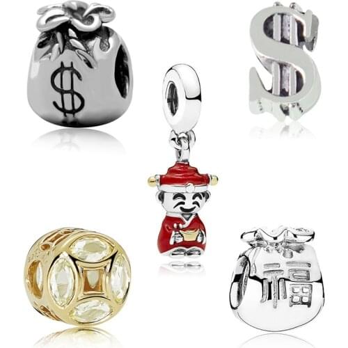 God of Wealth dollors lucky charms fit original pandora bracelet high quality bead jewelry making pendant bangle for women gift