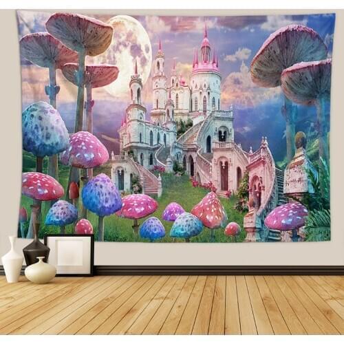 Psychedelic castle tapestry wall fabric blanket mushroom trippy tapestry livingroom background