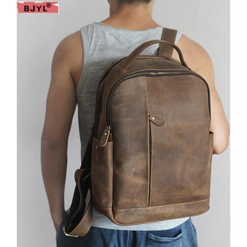 BJYL Genuine leather Men Backpacks Retro Crazy Horse Leather Mens business Laptop shoulder bag Leisure Travel computer Backpack