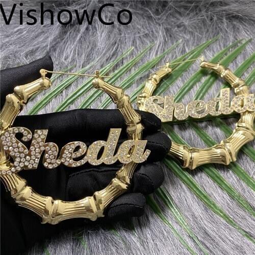 VishowCo Hiphop Fashion Popular Custom Name Earrings Sexy Bamboo Circle Point Diamond Earrings Jewelry Holiday Gift